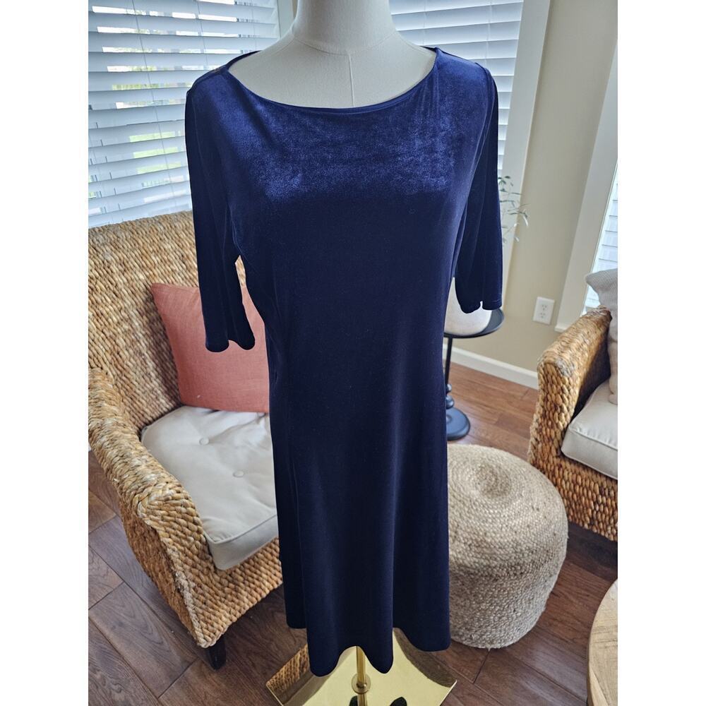 Lands' End Navy Blue Velour Fit Flare Stretch Boat Neck Dress Holiday Small